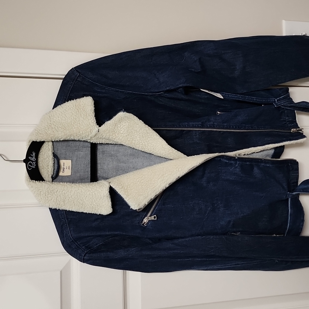 GAP Sherpa Fleece Denim Bomber Jacket Zippers Dark Jean XL Tall NEW - Picture 2 of 8